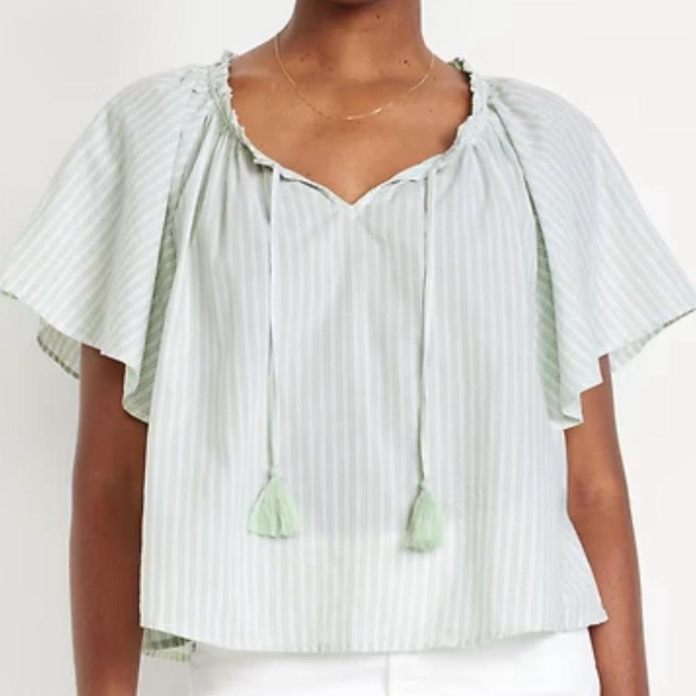 Old Navy Medium Green Striped Flutter-Sleeve Tassel-Tie Top | Cotton | Sold Out
